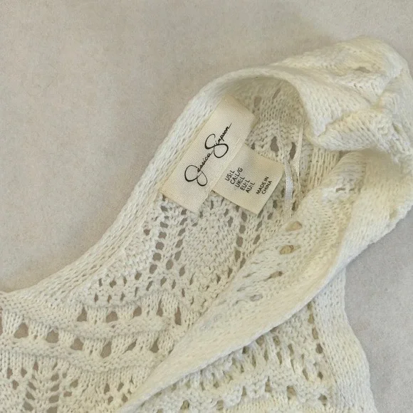 Jessica Simpson Crochet Knit Tank Top Cream Boho Drawstring Beachy Chic L - Picture 2 of 9